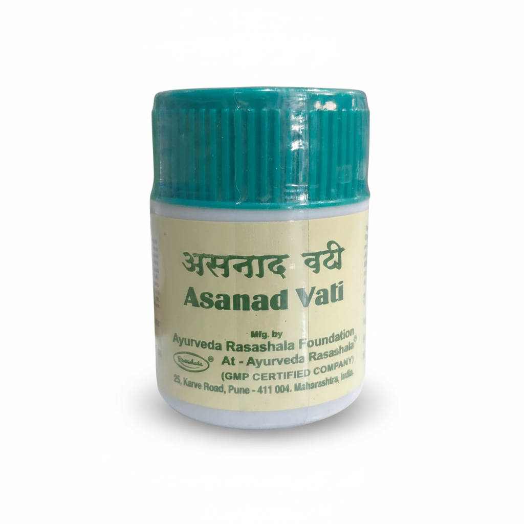 Bottle of Abhiram Ayurveda Asanad Vati 60 tablets, showing the packaging and tablets inside the container.