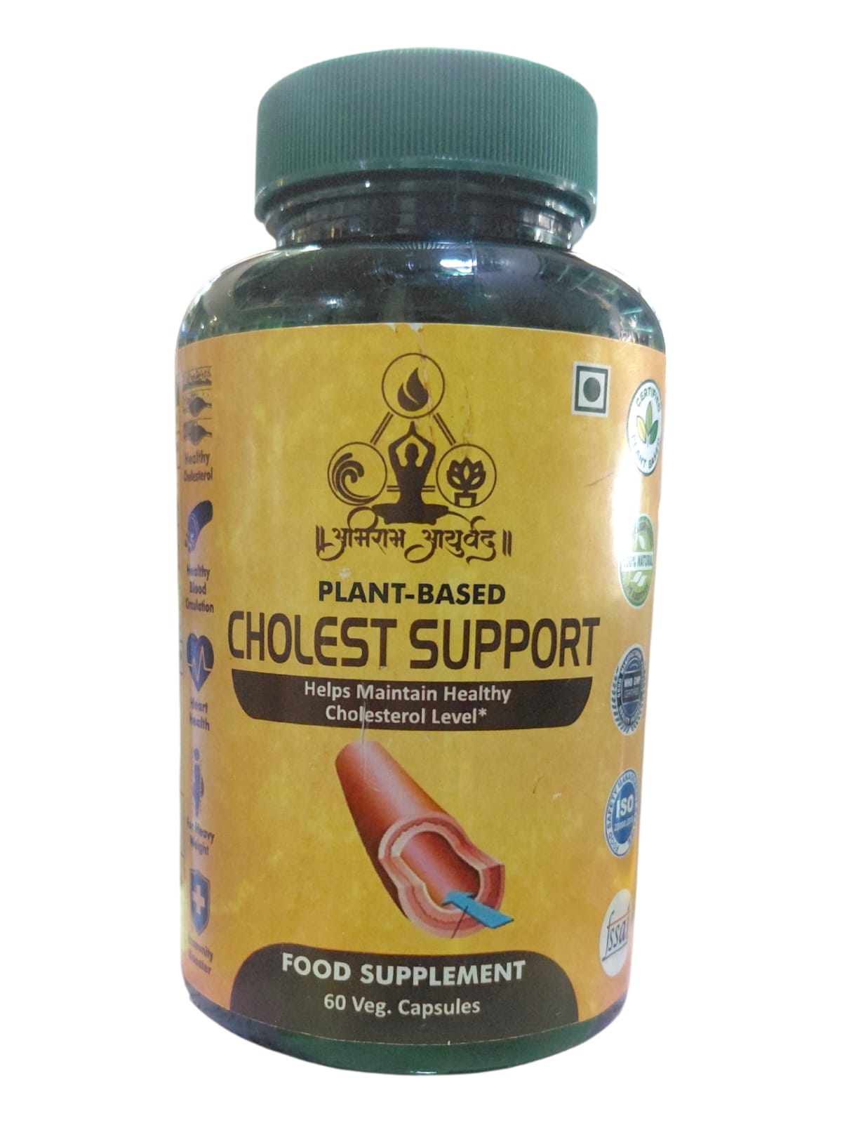 Abhiram Ayurveda Cholest Support Capsule bottle with 60 capsules, showing the product label and capsules inside the bottle.