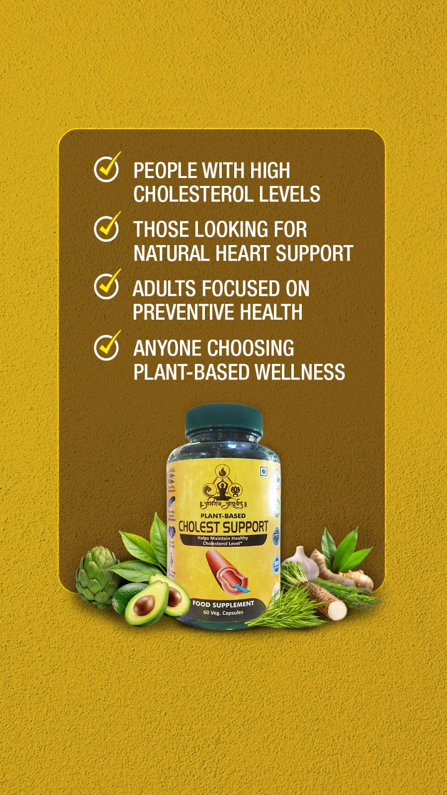 Abhiram Ayurveda Cholest Support Capsules in a bottle, 60 capsules for healthy cholesterol management.