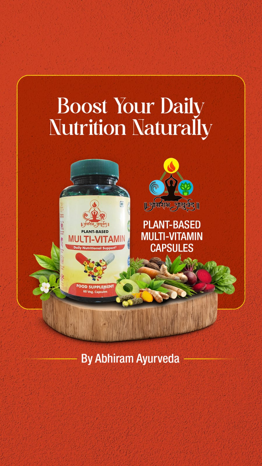 Abhiram Ayurveda multivitamin capsules in a clear bottle, showing colorful capsules for daily nutritional support.