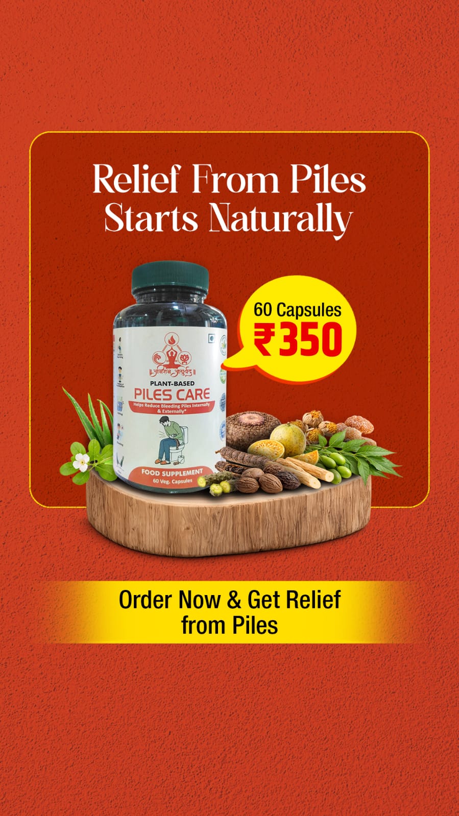 Abhiram Ayurveda Piles Care capsules in a bottle with capsules visible, designed to support hemorrhoid relief and digestive health.