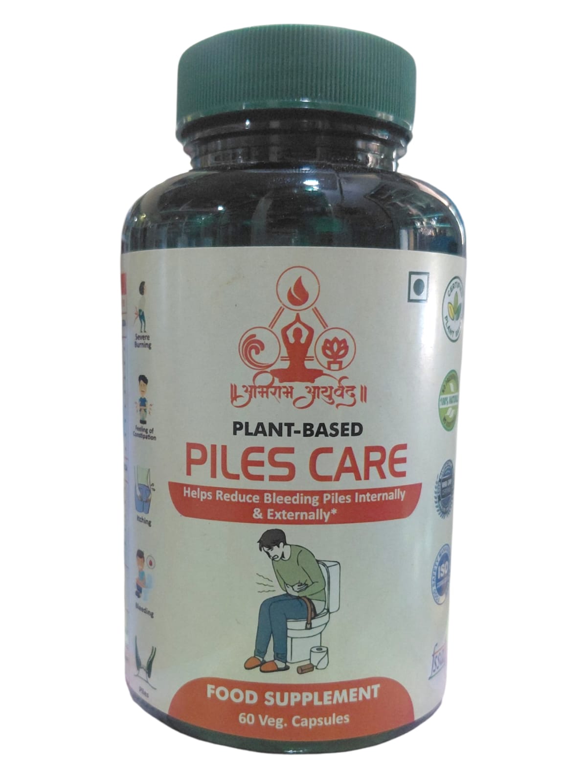 Abhiram Ayurveda Piles Care capsules displayed in a bottle, natural herbal treatment for piles relief.