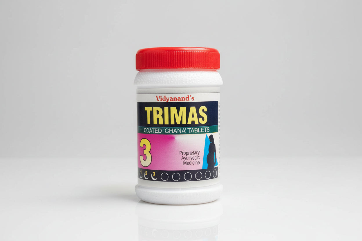 Abhiram Ayurveda Trimas Tablet for digestive health, shown as a pack of herbal capsules on a white background.
