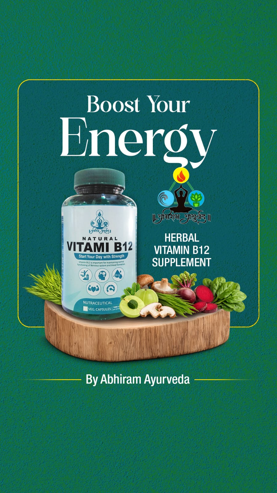 Abhiram Ayurveda Vitamin B12 capsules in a bottle, showing the supplement's packaging and capsules inside.