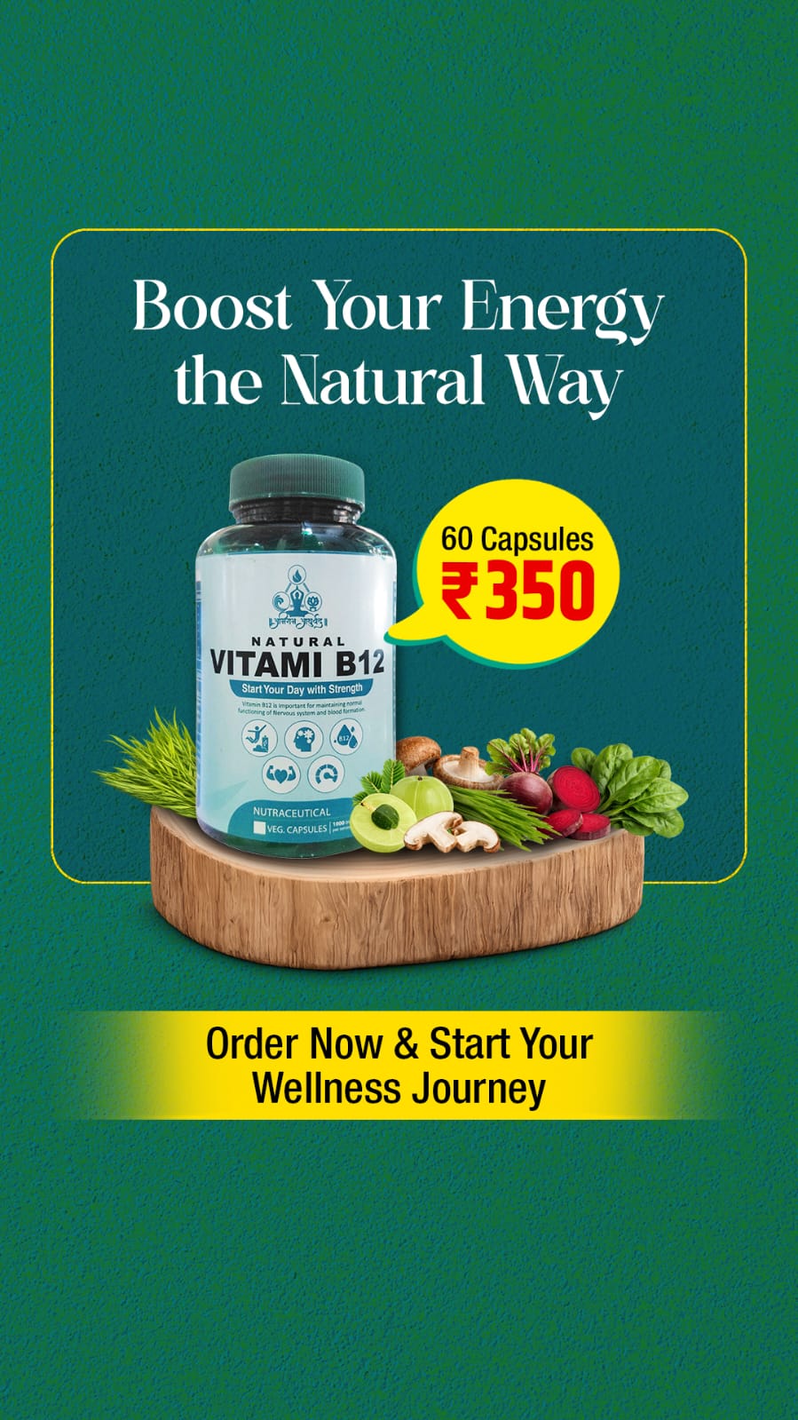 Abhiram Ayurveda Vitamin B12 capsules in a bottle, showing the supplement's packaging and capsules inside.