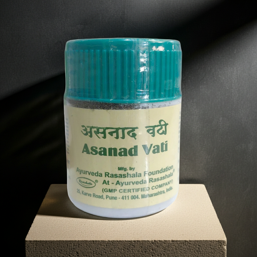 Abhiram Ayurveda Asanad Vati tablets in a plastic bottle, 60 count, traditional Ayurvedic herbal medicine for health support