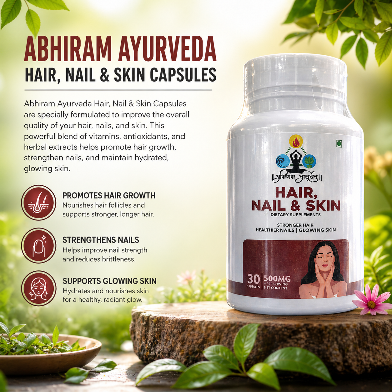Abhiram Ayurveda hair, nail, and skin supplement bottle with natural ingredients for healthy hair, nails, and skin.