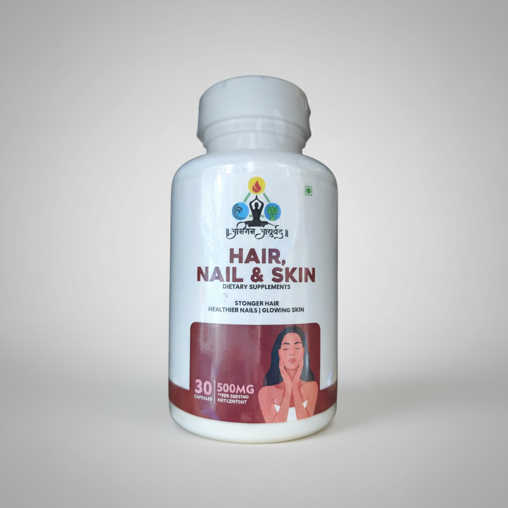 Abhiram Ayurveda Hair, Nail & Skin Supplement bottle with capsules showing on a white background.