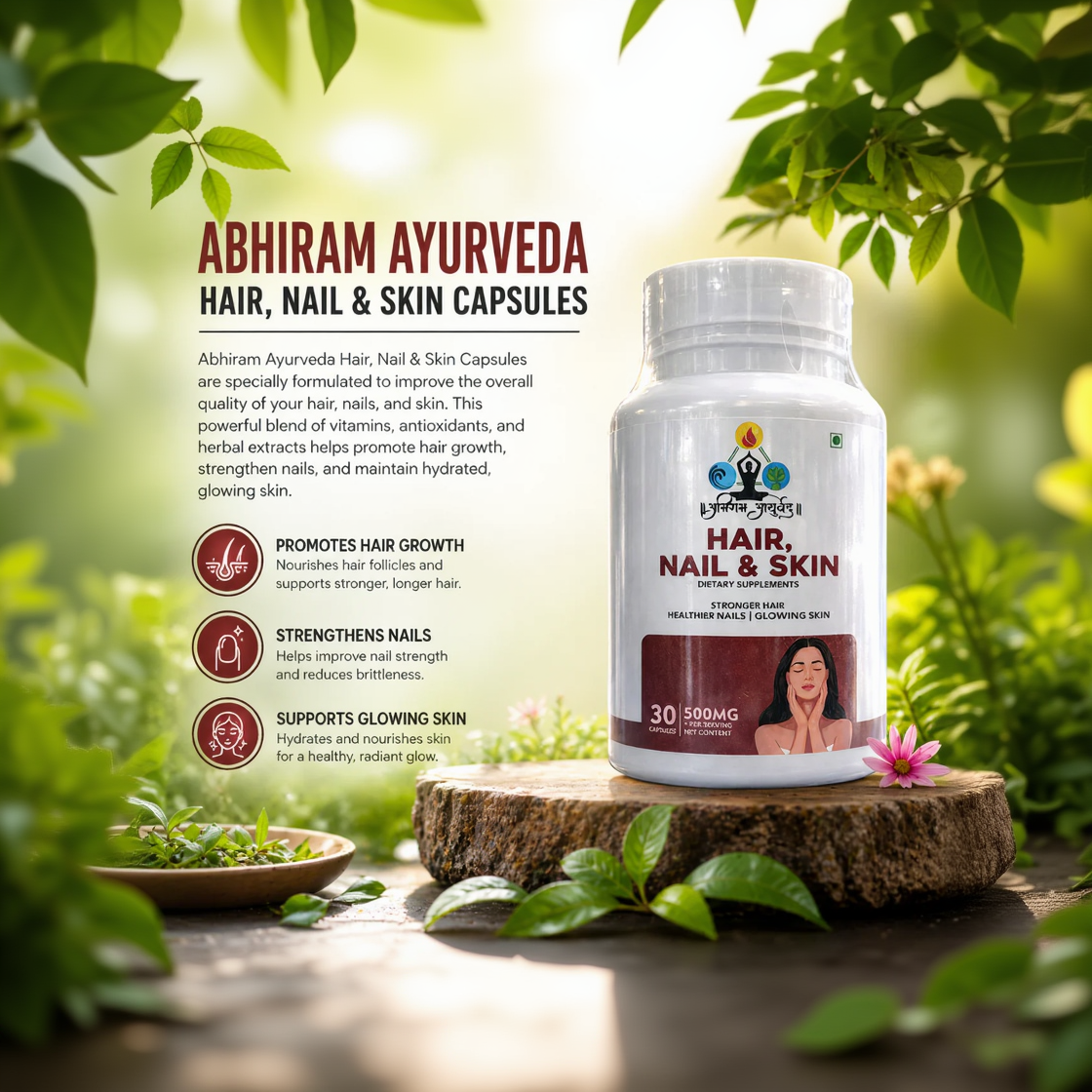 Abhiram Ayurveda hair, nail, and skin supplement bottle with colorful tablets or capsules displayed in the image.